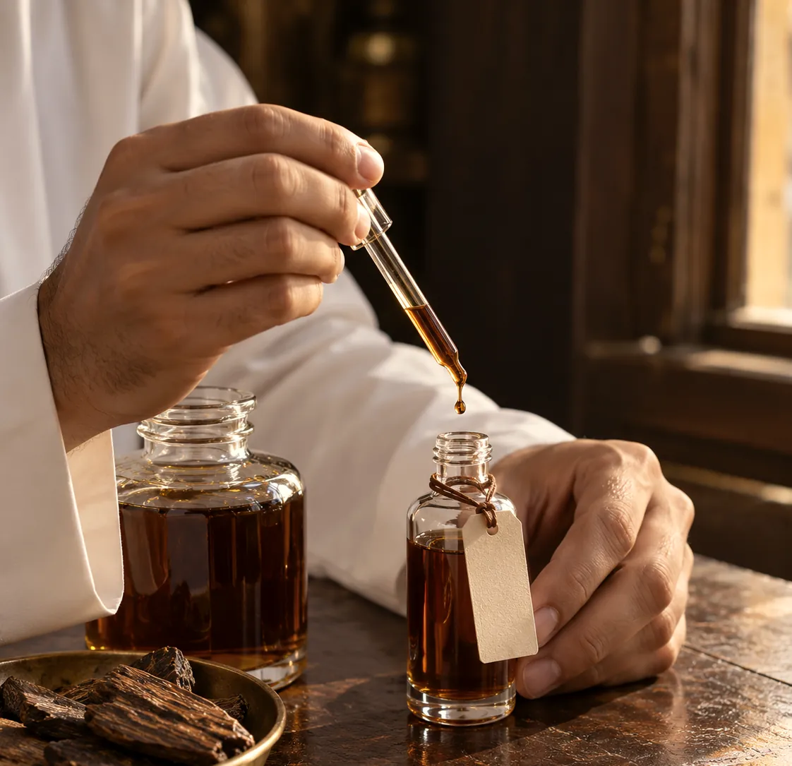 يد تعبّئ دهن العود في زجاجة الخلطة
